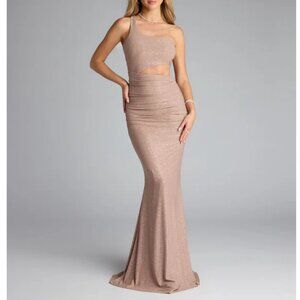 Windsor Giselle One-Shoulder Mermaid Glitter Formal Dress in Cream/Tan in S